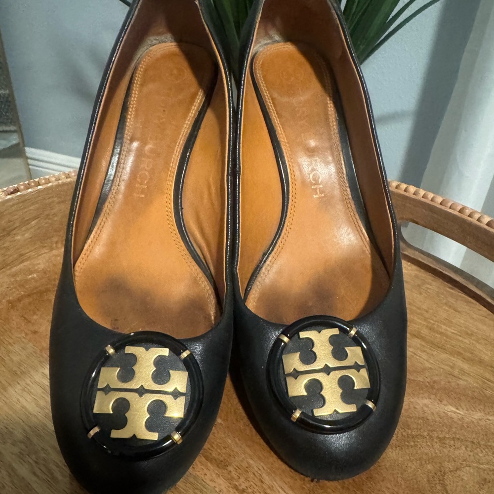 Tory Burch Black Flats with Gold Emblem